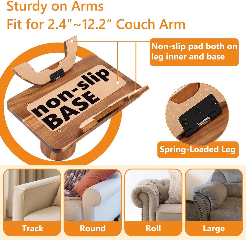 Acanacle Couch Armrest Table Acacia with 360°Rotating Phone & Cup Holders,15.4" x 9.8", 3-in-1 Sofa Arm Tray Clip-On Couch Tray for Drinks & Snacks - Image 4